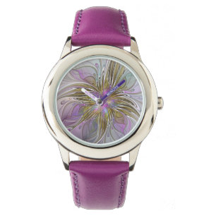 Floral Colourful Abstract Fractal With Pink & Gold Watch