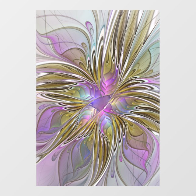 Floral Colourful Abstract Fractal With Pink & Gold Window Cling (Sheet)
