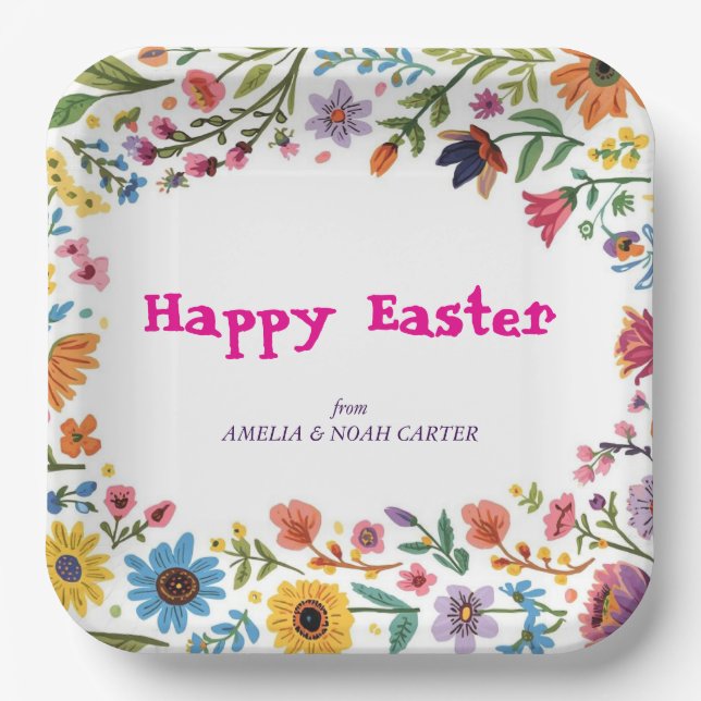 Floral Colourful Easter BRUNCH & HUNT Paper Plate (Front)