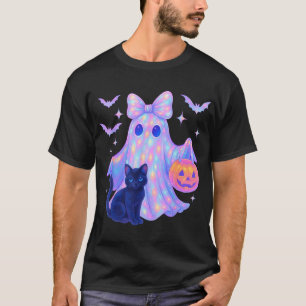 Floral Colourful Ghost Black Cat Coquette Bow T-Shirt