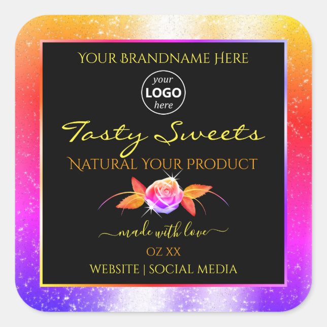 Floral Colourful Glitter Black Product Labels Logo (Front)