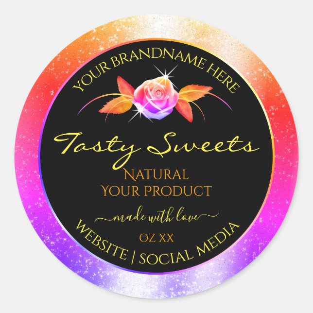 Floral Colourful Glitter on Black Product Labels (Front)