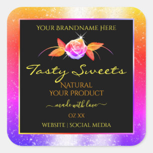 Floral Colourful Glitter on Black Product Labels