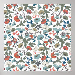 Floral Colourful Joyful Blue Orange Green Poster