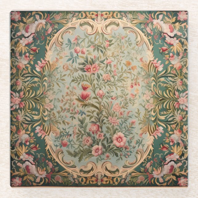 Floral Colourful Oriental Carpet Glass Coaster (Front)
