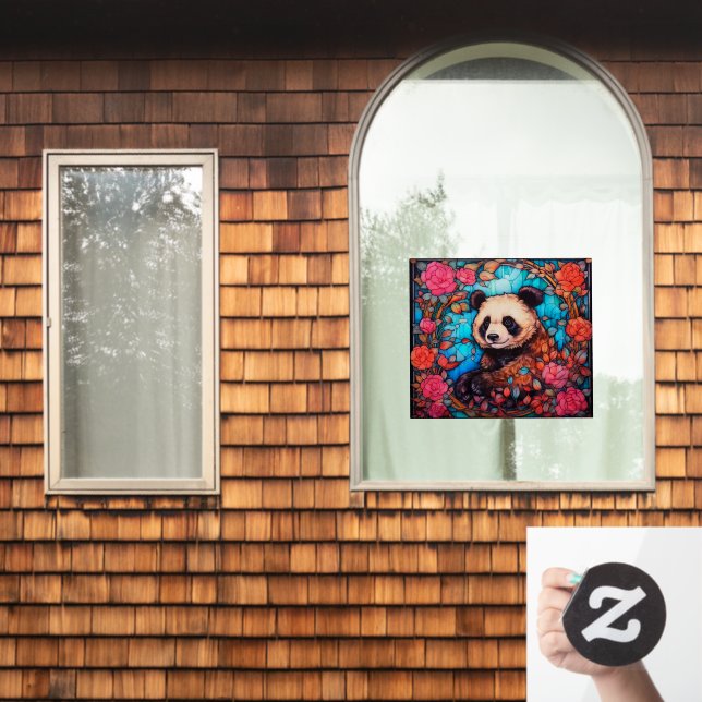Floral Colourful Panda Bear Faux Stained Glass Window Cling (Home Window)