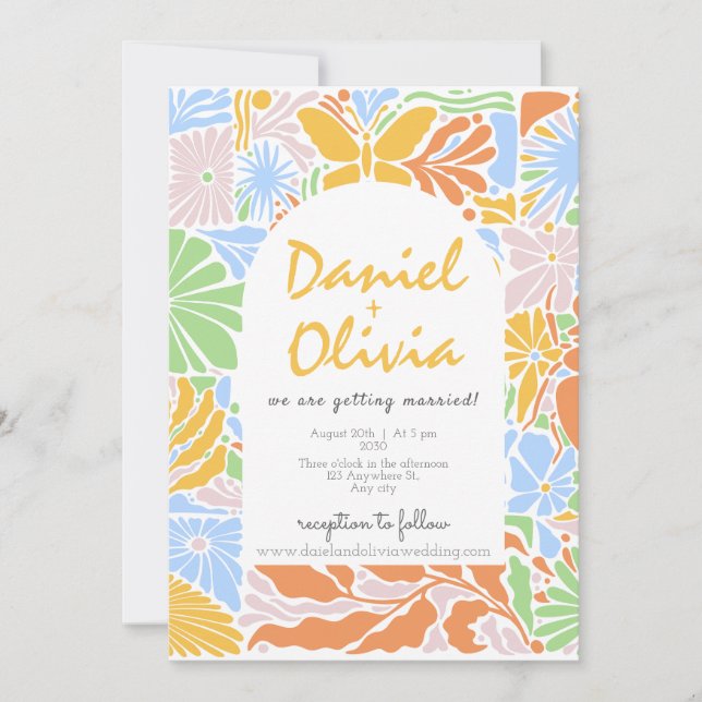 Floral Colourful Retro Frame Wedding Invitation (Front)