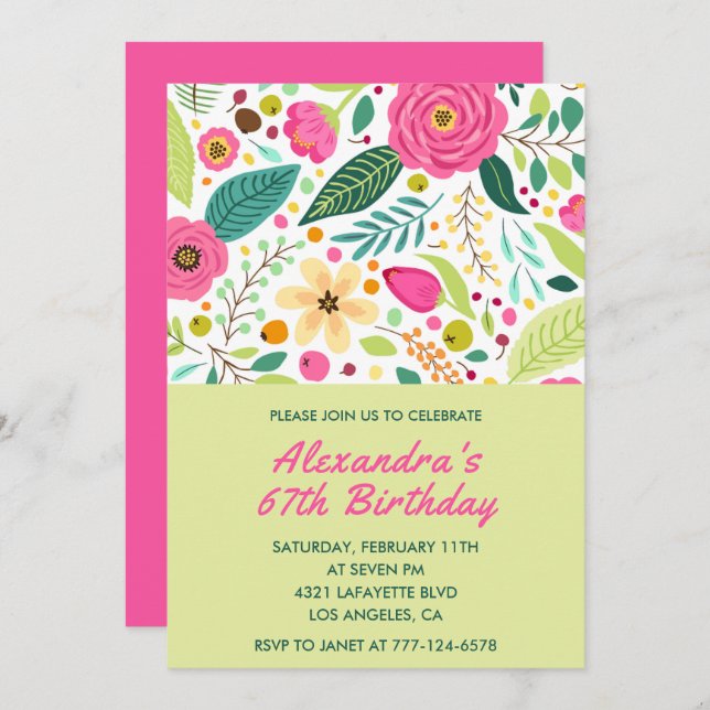Floral Colourful Simple 67th birthday invitations  (Front/Back)