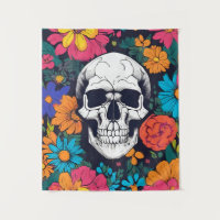 Floral Colourful Skull Art Tapestry
