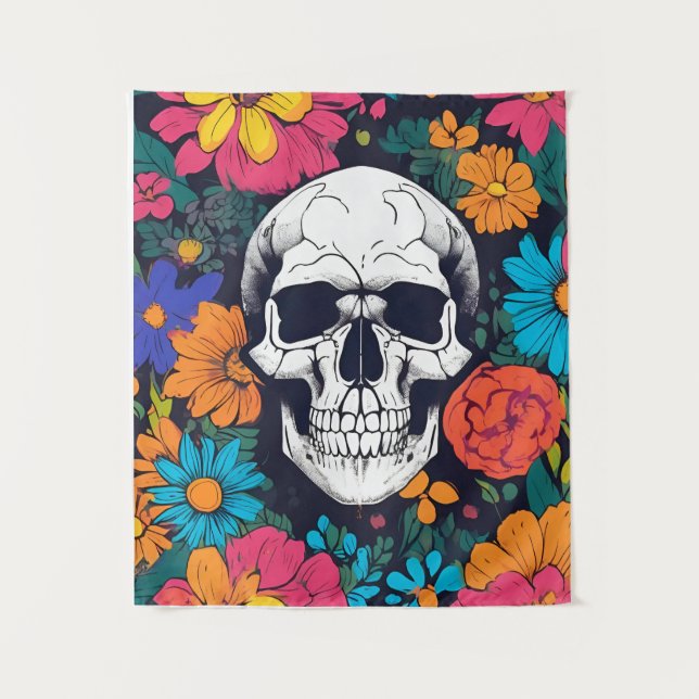 Floral Colourful Skull Art Tapestry (Front)