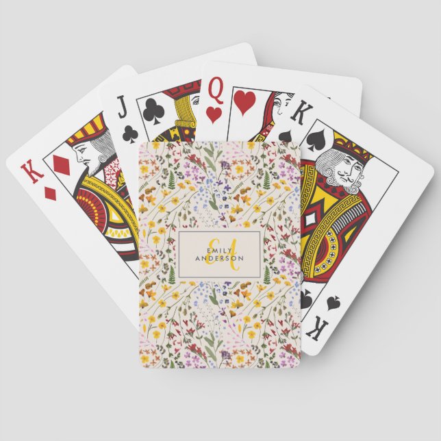 Floral colourful wildflower personalised initial playing cards (Back)