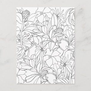 Floral colouring black white garden postcard