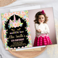 Floral Colours Black Photo Unicorn Birthday