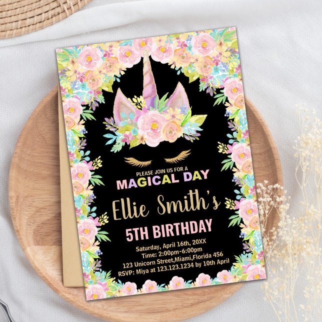 Floral Colours Black Unicorn Birthday Invitations (Floral Colors Black Unicorn Birthday Invitations)