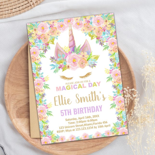 Floral Colours White Unicorn Birthday Invitations (Floral Colors White Unicorn Birthday Invitations)