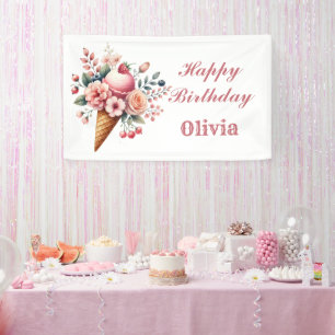 Floral Cool Happy Birthday Ice Cream Party Banner