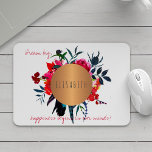 Floral copper circle inspiring words and your name mouse mat<br><div class="desc">Stylish girly glam sophisticated mouse pad with a beautiful watercolor bohemian hand painted red,  hot pink and navy blue peony roses and feathers bouquet and with a copper metallic looking circle having your name inside. Personalise it with your name and your inspiring text \ quote!</div>