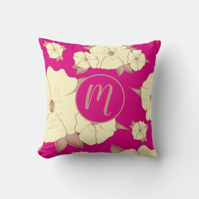 Floral Copper Pastel Yellow on Fuchsia background Cushion (Front)
