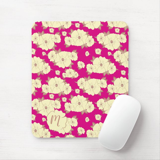 Floral Copper Pastel Yellow on Fuchsia background Mouse Mat (With Mouse)