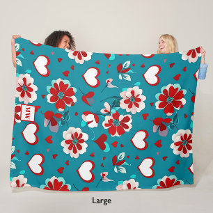 Floral coquette hearts and flowers monogram fleece blanket