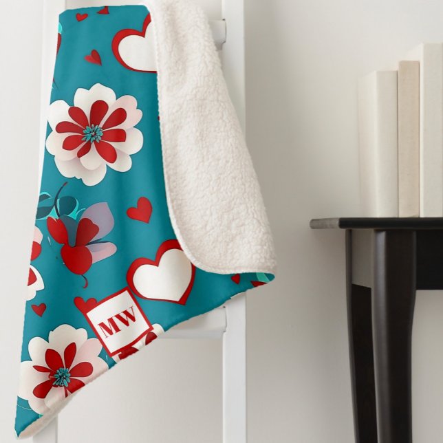 Floral coquette hearts and flowers monogram sherpa blanket (Creator Uploaded)