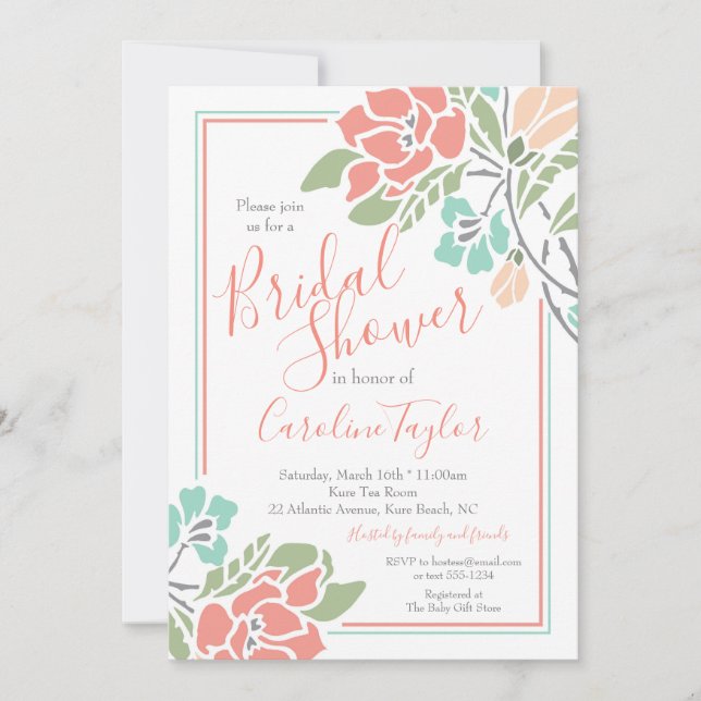 Floral Coral and Teal Bridal Shower Luncheon Invitation (Front)