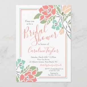 Floral Coral and Teal Bridal Shower Luncheon Invitation