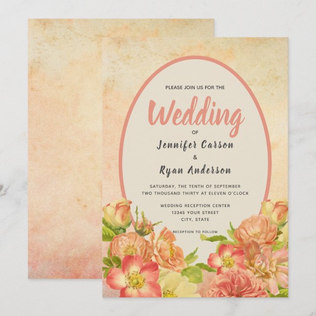 Floral Coral English Garden Country Wedding Invitation (Front/Back)