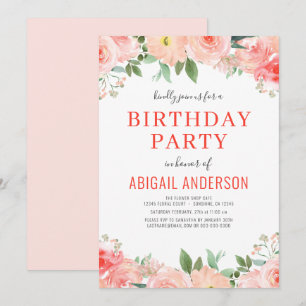 Floral Coral Peach Birthday Any Age Modern  Invitation