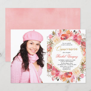 Floral coral pink gold garden Quinceanera photo Invitation