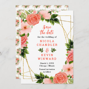 Floral Coral Red Roses Wedding Save The Date