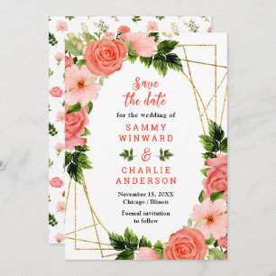 Floral Coral Red Roses Wedding Save The Date