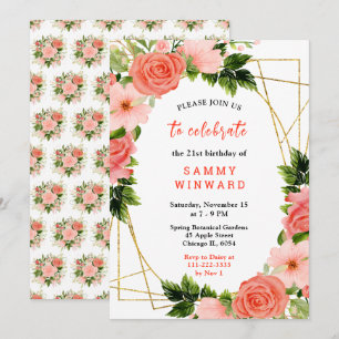 Floral Coral Red Roses with Foliage Birthday Invitation
