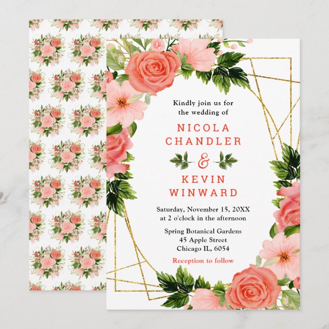 Floral Coral Red Roses with Foliage Wedding Invitation (Front/Back)