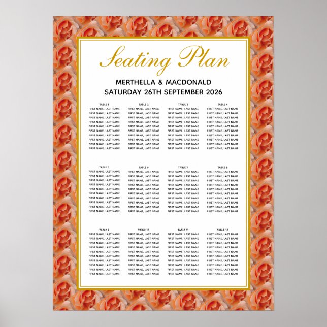 Floral | CORAL Rose | 120 seater | Seating Plan Poster (Front)