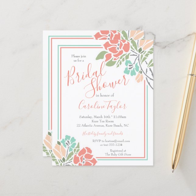 Floral Coral Teal Bridal Shower Invitation (Front/Back In Situ)