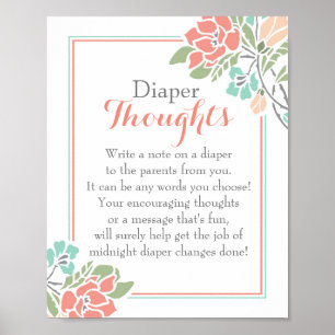 Floral Coral Teal Diaper Thoughts Poster