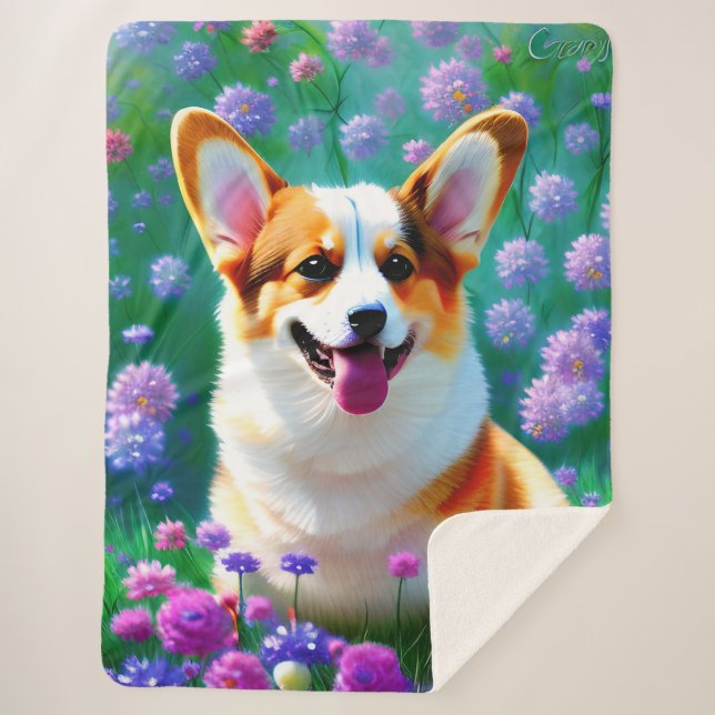Floral Corgi Sherpa Blanket (Front)