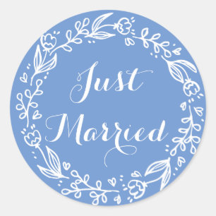 Floral Cornflower Blue Just Married Wedding Flower Classic Round Sticker