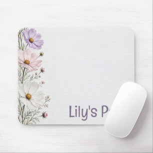 Floral Cosmos Border on White Mouse Mat