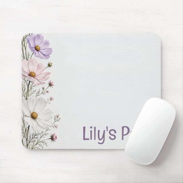 Floral Cosmos Border on White Mouse Mat (With Mouse)