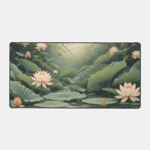 Floral Cottagecore Desk Mat, Asian Lotus Flower & Mat