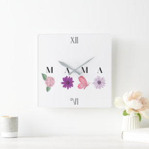 Floral cottagecore mama wall décor butterfly square wall clock