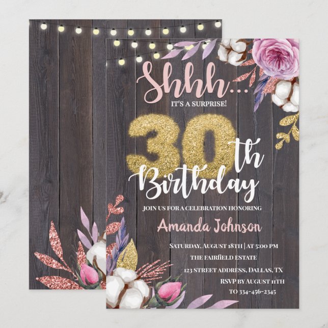Floral Cotton Surprise 30th Birthday Invitation (Front/Back)