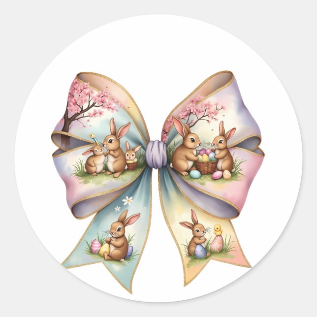 Floral Cottontail Bunny Coquette Bow Rabbit Easter Classic Round Sticker (Front)