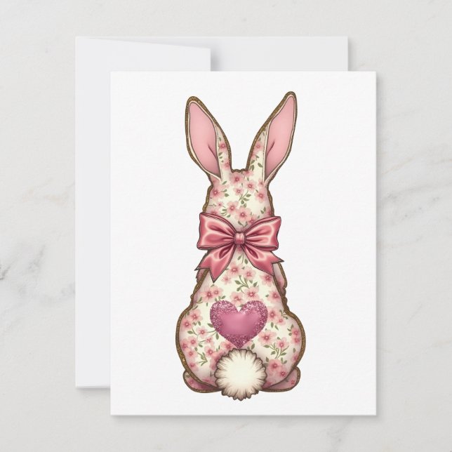 Floral Cottontail Bunny Coquette Bow Rabbit Easter Holiday Card (Front)