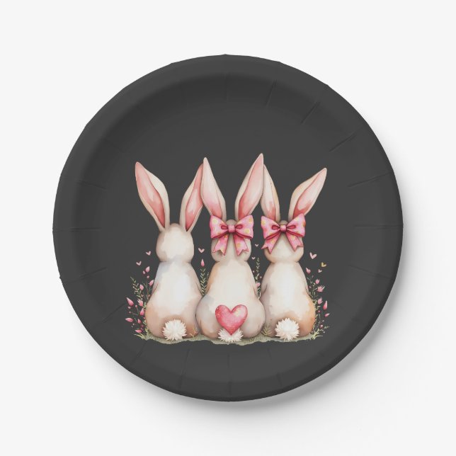 Floral Cottontail Bunny Coquette Bow Rabbit Easter Paper Plate (Front)