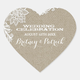 Floral Country Burlap and Lace Wedding Favours Heart Sticker