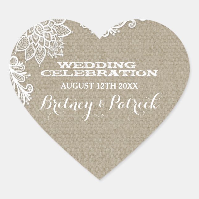 Floral Country Burlap and Lace Wedding Favours Heart Sticker (Front)