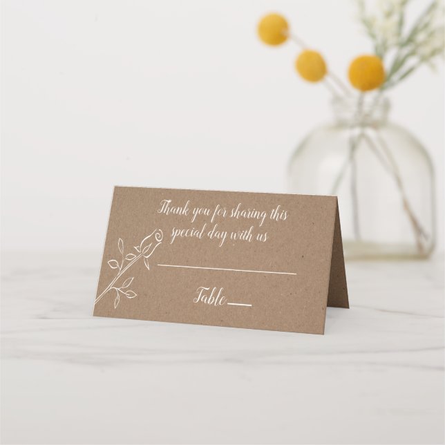 Floral Country Rose Brown Kraft Wedding Thank You Place Card (Front)